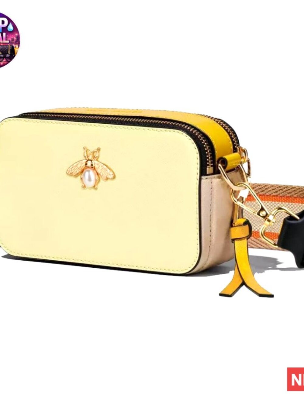 PU Leather Crossbody Bag with Bee Accent Adjustable Straps